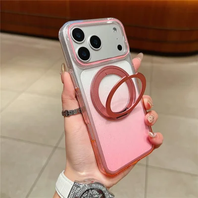 Capa Magnética para iPhone 17 Pro com Anel Rotativo 360 Suporte Degradê Transparente TPU Capa Traseira do Telefone - Rosa