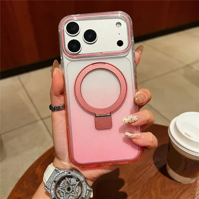 For iPhone 17 Pro Max Magnetisk Case med Standfod, Gennemsigtig Gradient TPU Telefon Bagdæksel - Pink