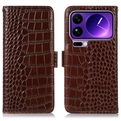 For Xiaomi 17 Pro Case RFID Blocking Wallet Crocodile Texture Genuine Cow Leather Phone Cover - Brown