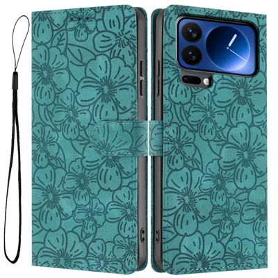 Xiaomi 17 Pro Max Flip Case Cherry Blossom Muster Leder Brieftasche Stand Handyhülle mit Handschlaufe - Grün
