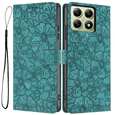 For Xiaomi 14T Flip Case Cherry Blossom Pattern Leather Wallet Stand Phone Cover with Wrist Strap - Green