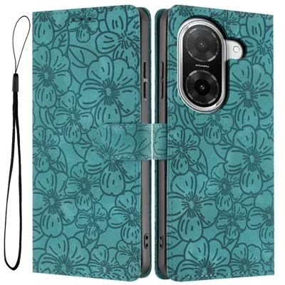 Flip Case For Xiaomi Redmi A5 4G (171.7mm)  /  Poco C71 4G Leather Phone Cover Cherry Blossom Pattern Wallet Stand with Wrist Strap - Green