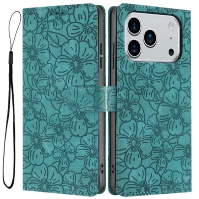 Flip-case til iPhone 17 Pro Max med kirsebærblomst-mønster Læderwallet stående telefonbeskyttelse med håndledsrem - Grøn