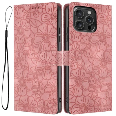 iPhone 16 Pro Max Flip-Hülle mit Kirschblütenmuster, Leder-Geldbörse, Ständer, Handyabdeckung mit Handgelenkschlaufe - Pink