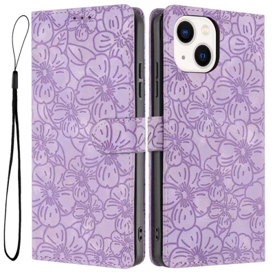 Für iPhone 14 / 13 Flip-Hülle mit Kirschblütenmuster, Leder-Geldbörse, Ständer, Handyabdeckung mit Handschlaufe - Lila