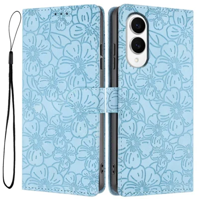For Samsung Galaxy S25 Edge Flip Case Cherry Blossom Pattern Leather Wallet Stand Phone Cover with Wrist Strap - Sky Blue