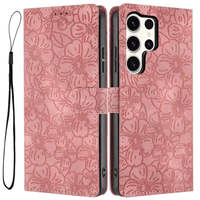 For Samsung Galaxy S24 Ultra Flip Case Cherry Blossom Pattern Leather Wallet Stand Phone Cover with Wrist Strap - Pink