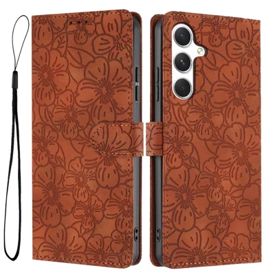 For Samsung Galaxy A35 5G Flip Case Cherry Blossom Pattern Leather Wallet Stand Phone Cover with Wrist Strap - Brown