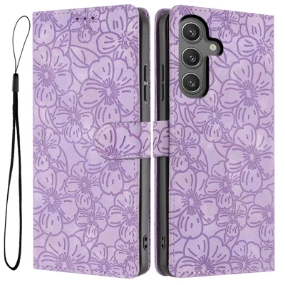 For Samsung Galaxy A05s 4G Flip Case Cherry Blossom Pattern Leather Wallet Stand Phone Cover with Wrist Strap - Purple