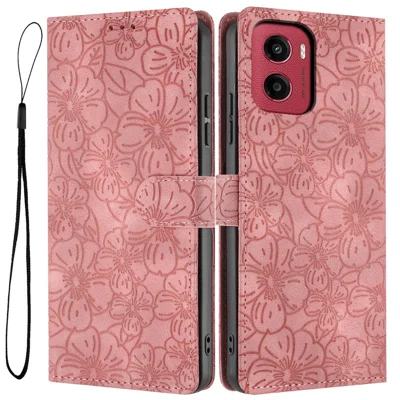 For Motorola Moto G05 4G  /  E15 4G Flip Case Cherry Blossom Pattern Leather Wallet Stand Phone Cover with Wrist Strap - Pink