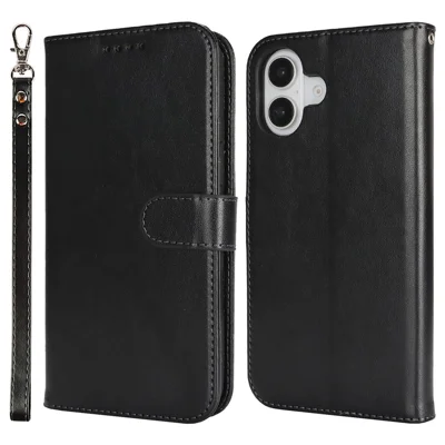 Für iPhone 17 Hülle R61 Textur Leder Flip Handyhülle mit Handschlaufe - Schwarz