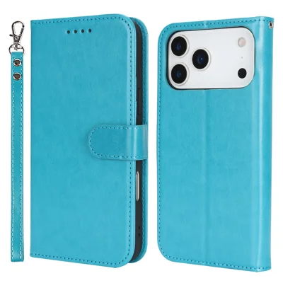 iPhone 17 Pro Hülle R61 Textur Leder-Flip-Handyhülle mit Handgelenkschlaufe - Blau