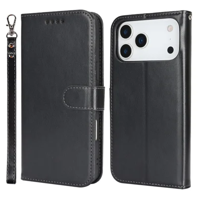 iPhone 17 Pro Max Hülle R61 Textur Leder Flip Handyhülle mit Handgelenkschlaufe - Schwarz