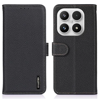 KHAZNEH For Xiaomi 17 Case Genuine Cow Leather Flip Phone Cover - Black