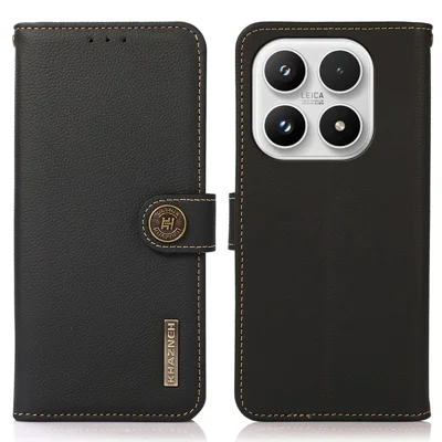 KHAZNEH for Xiaomi 17 Case Genuine Cow Leather RFID Blocking Wallet Phone Cover - Black
