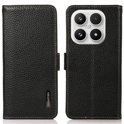 KHAZNEH for Xiaomi 17 Phone Case Genuine Cow Leather Cover RFID Blocking - Black
