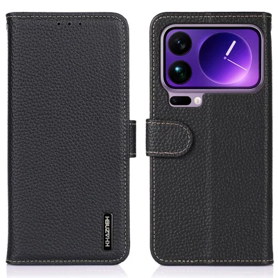 KHAZNEH For Xiaomi 17 Pro Case Genuine Cow Leather Flip Phone Cover - Black