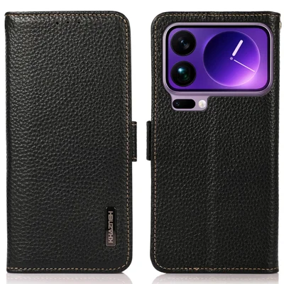 KHAZNEH for Xiaomi 17 Pro Phone Case Genuine Cow Leather Cover RFID Blocking - Black