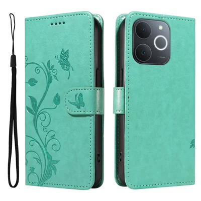 For Realme Narzo 80 Lite 4G / Realme Note 70 4G / Realme Note 70T 4G / Realme C71 4G (India) PU Leather Cases Flower Pattern Wallet Stand Phone Cover with Strap - Green