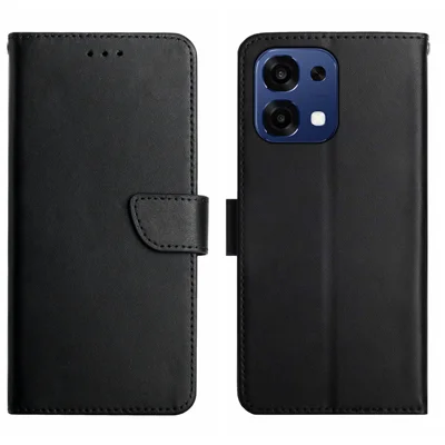 For Oppo A6 Pro 5G Case Genuine Cow Leather Phone Cover Nappa Texture - Black