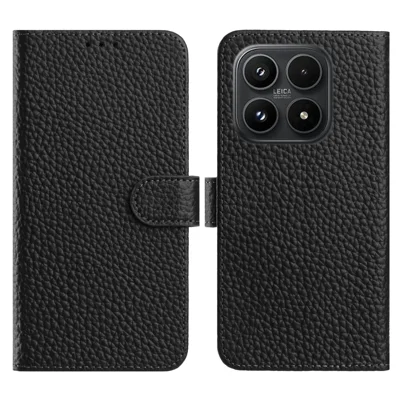 For Xiaomi 17 Case Wallet Stand Litchi Texture Genuine Cow Leather Flip Phone Cover - Black