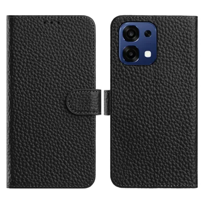 For Oppo A6 Pro 5G Case Wallet Stand Litchi Texture Genuine Cow Leather Flip Phone Cover - Black