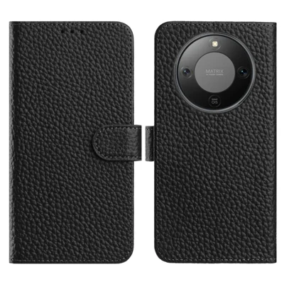 Til Honor X9d 5G Etui, Wallet Stå, Litchi-struktur, Ægte Koekalv, Flip Telefonbeskytter – Sort