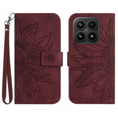 For Xiaomi 17 Case Sunflower Imprint Leather Wallet Phone Cover with Wrist Strap - Wine Red