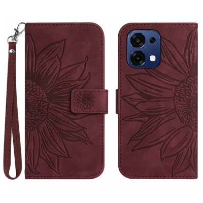 For Oppo A6 Pro 5G Case Sunflower Imprint Leather Wallet Phone Cover with Wrist Strap - Wine Red