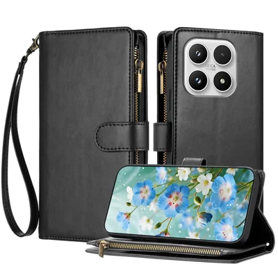 For Xiaomi 17 Leather Case Zipper Wallet Stand Shockproof Phone Cover with Wrist Strap - Black
