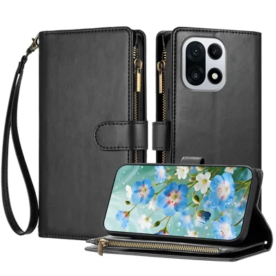 For OnePlus 15 5G Leather Case Zipper Wallet Stand Shockproof Phone Cover with Wrist Strap - Black