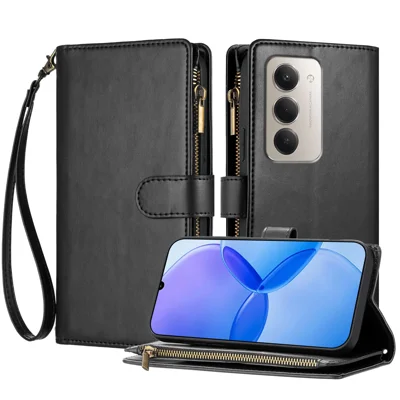 For Xiaomi Redmi 15 5G (EU) (171mm) / Xiaomi Redmi 15 4G (EU) (171mm) Leather Case Zipper Wallet Stand Shockproof Phone Cover with Wrist Strap - Black