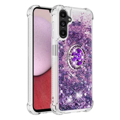 For Samsung Galaxy A14 5G / A14 4G TPU Case with Kickstand Quicksand Shockproof Cover - Dark Purple  /  Hearts