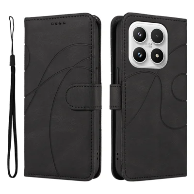 For Xiaomi 17 Wallet Case Leather Phone Cover Stand with Curved Line Design -  Black