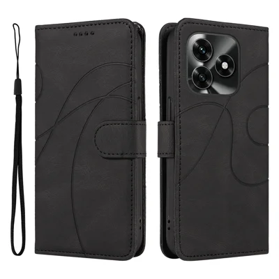 For Honor X5c Plus 4G Wallet Case Leather Phone Cover Stand with Curved Line Design -  Black