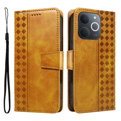 For Realme Narzo 80 Lite 4G / Realme Note 70T 4G / Realme Note 70 4G / Realme C71 4G (India) Leather Case Wallet Stand Grids Imprinted Phone Cover with Strap - Yellow