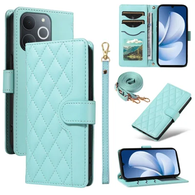 For Realme Narzo 80 Lite 4G / Realme Note 70T 4G / Realme Note 70 4G / Realme C71 4G (India) Wallet Case Rhombus Leather Phone Cover with Strap - Green