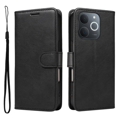 For Realme Narzo 80 Lite 4G / Realme Note 70T 4G / Realme Note 70 4G / Realme C71 4G (India) Leather Wallet Case with Strap Solid Color Phone Stand Cover - Black