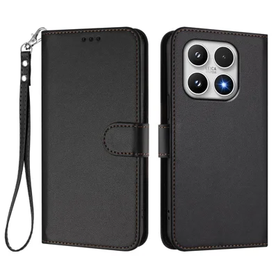 For Xiaomi 17 Leather Case Wallet Stand Phone Cover with Wrist Strap - Black
