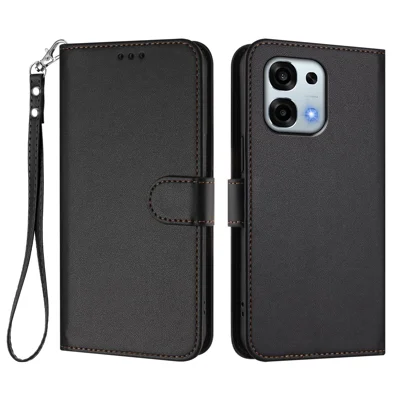 For Oppo A6 Pro 5G Leather Case Wallet Stand Phone Cover with Wrist Strap - Black