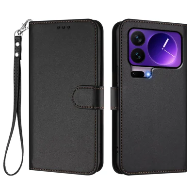 For Xiaomi 17 Pro Leather Case Wallet Stand Phone Cover with Wrist Strap - Black