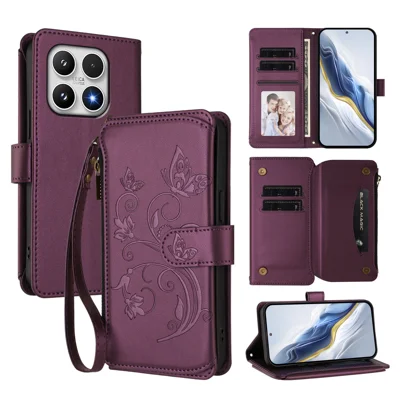 For Xiaomi 17 Leather Case Butterfly Floral Imprint Zipper Wallet Stand Cover with Wrist Strap - Purple