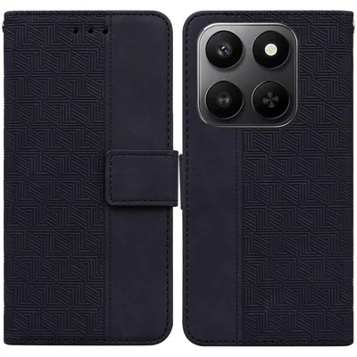 For Honor 400 Smart 5G / 4G / X7d 4G Case Geometry Pattern Leather Wallet Phone Cover with Wrist Strap - Black