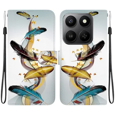 For Honor 400 Smart 5G / 4G / X7d 4G Case Pattern Printing Leather Flip Wallet Phone Cover with Lanyard - Golden Butterfly Feather