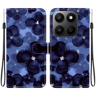 For Honor 400 Smart 5G / 4G / X7d 4G Wallet Case Pattern Printing Leather Stand Phone Cover with Strap - Ink Blue Flower