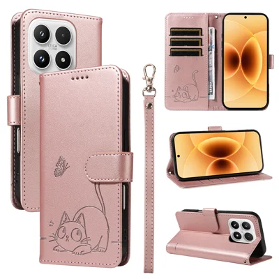 For Xiaomi 17 Case Cat Pattern Imprint Leather Phone Cover with Wrist Strap - Rose Gold