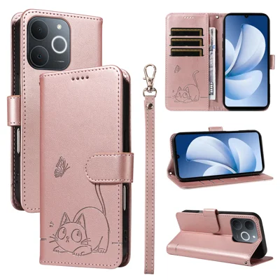 For Realme Narzo 80 Lite 4G / Realme Note 70T 4G / Realme Note 70 4G / Realme C71 4G (India) Case Cat Pattern Imprint Leather Phone Cover with Wrist Strap - Rose Gold