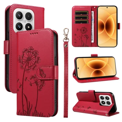 For Xiaomi 17 Leather Wallet Case with Strap Dandelion Imprint Phone Stand Cover - Red
