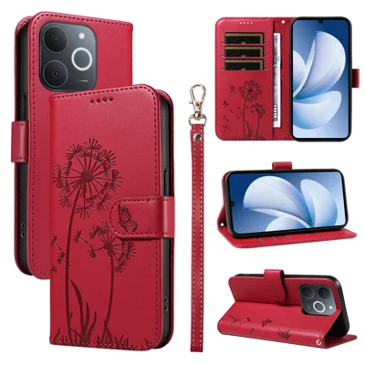 For Realme Narzo 80 Lite 4G / Realme Note 70 4G / Realme Note 70T 4G / Realme C71 4G (India) Leather Wallet Case with Strap Dandelion Imprint Phone Stand Cover - Red