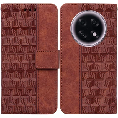 For Oppo F31 Pro+ 5G  /  A6 GT 5G Case Geometry Pattern Leather Wallet Phone Cover with Wrist Strap - Brown